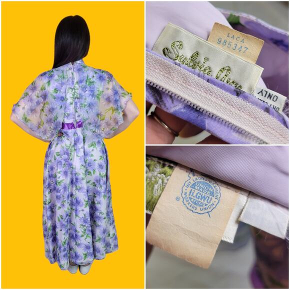 Vintage 60s 70s Purple Floral Chiffon Maxi Dress with Capelet - Picture 4 of 4